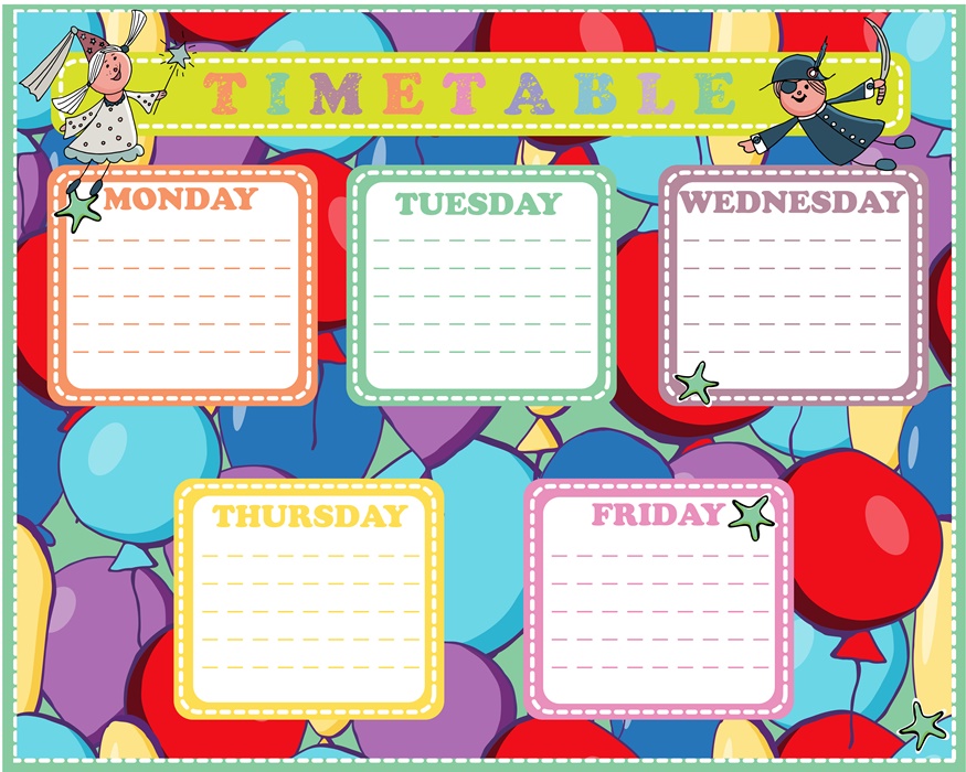 Five-day timetable on a multi-colored background with baloons fo