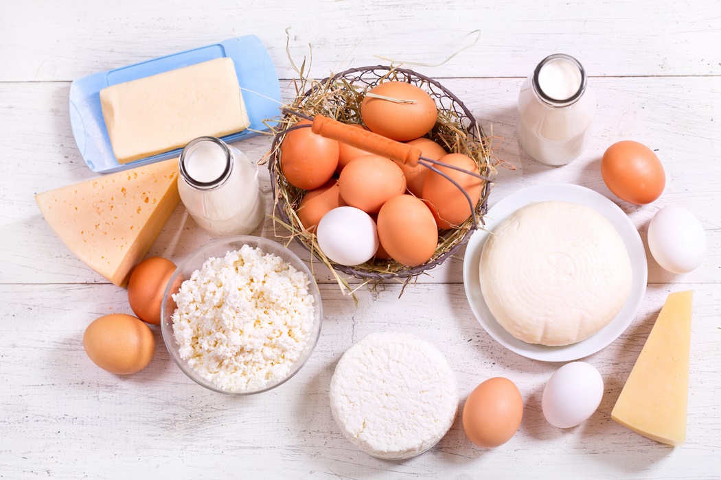 dairy products on wooden table