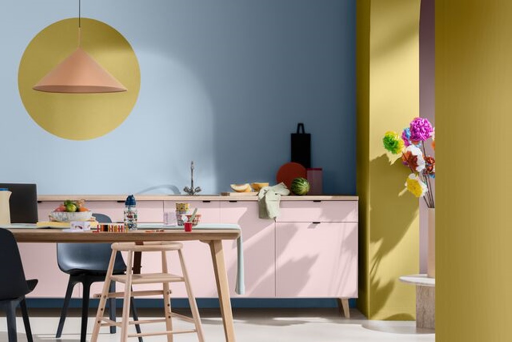 Dulux Olive Fantasy (34YY 31502), Puccini Pink (10YR 57080) and Bright Skies (Blueberry Mash 14BB 55113)