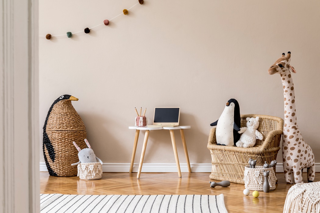 Stylish scandinavian interior of child room with natural toys, h