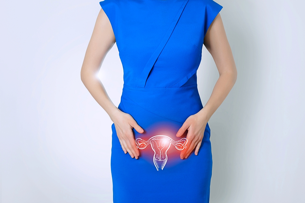 Photo template of unrecognizable woman in elegant blue dress representing graphic visualization of uterus organ highlighted red. Gynecology and female intimate health concept.