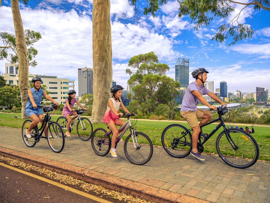 Family cycling at Kings Park and Botanic Garden.
