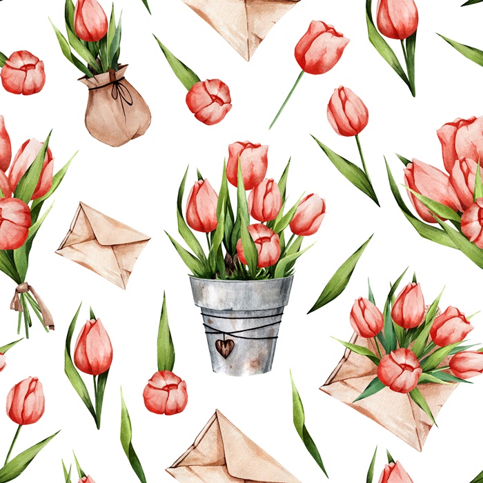 Floral background with red flowers. Tulips in a pot, an envelope, a bouquet of flowers. The spring pattern is suitable for decorating bouquets and gifts
