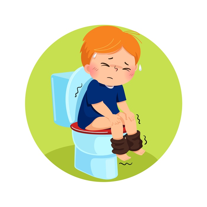 Vector illustration of cartoon boy sitting on the toilet and suf